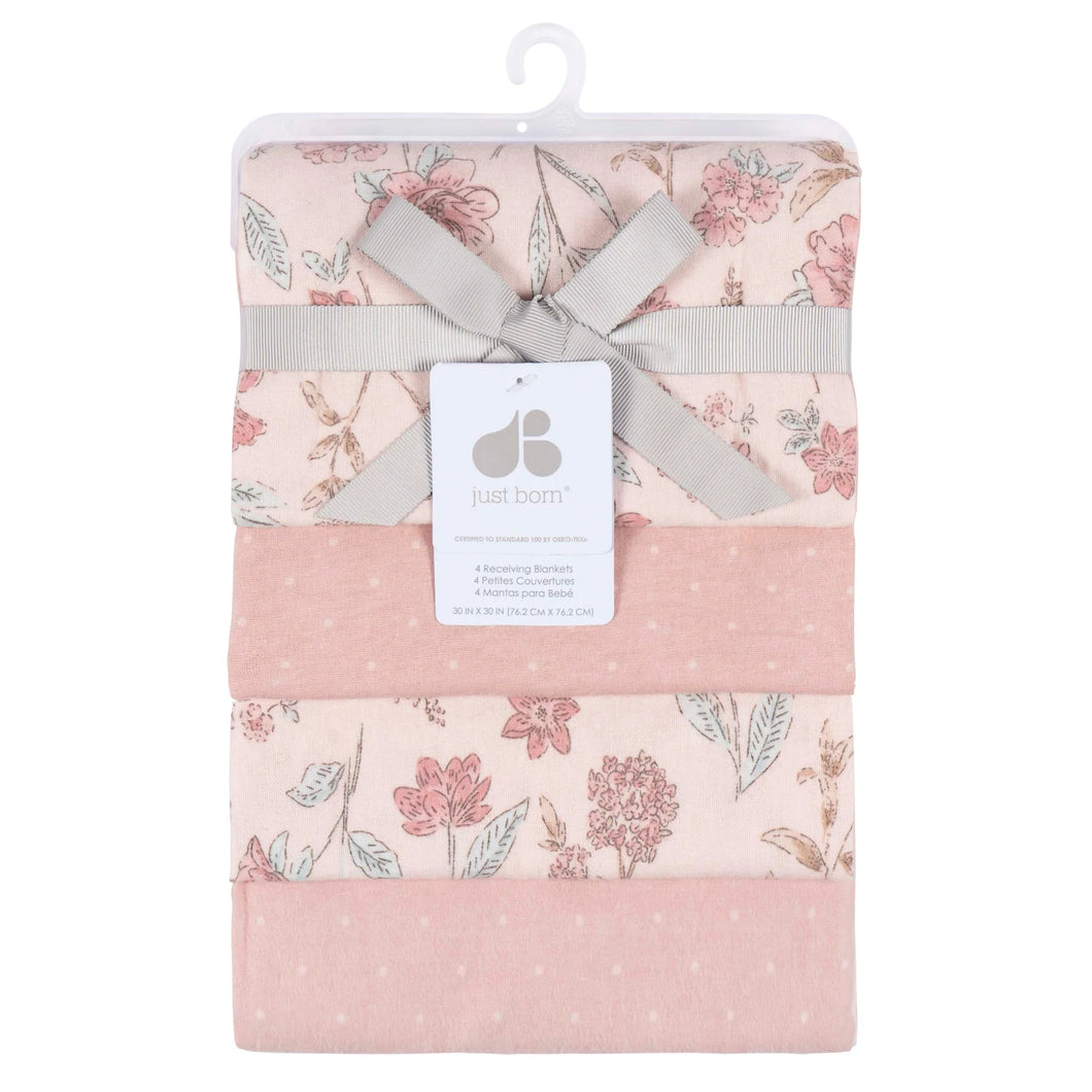 Just Born Baby 4-Pack Flannel Receiving Blankets, Pink