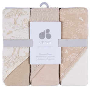 Just Born by Gerber Baby Neutral 3-Pack Hooded Towels-TAN